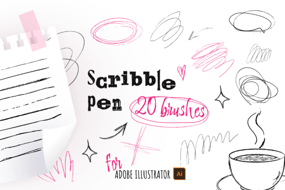 20 Scribble Ink Pen Brushes for AI