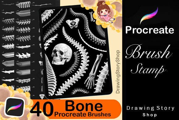 40 Procreate Bone Skeleton Brushes for Dark Art and Gothic Illustration Workflows